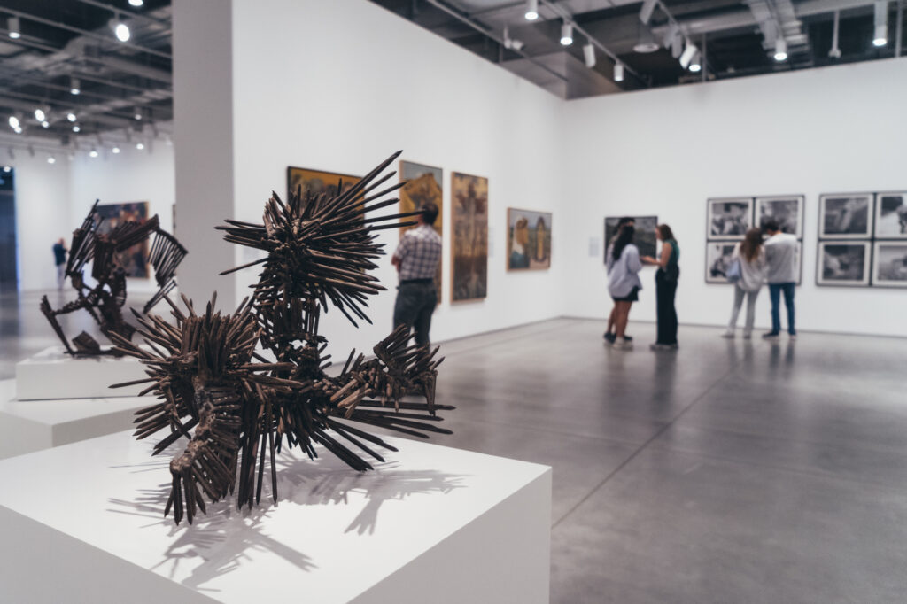 Art exhibition and gallery photography by Łukasz Zając, wide shot of visitors viewing sculptures and artworks in a modern white-cube museum gallery, Kraków, Poland