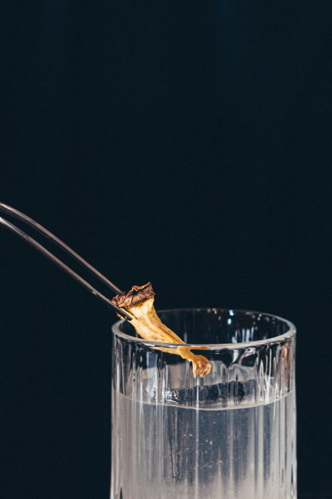 Commercial beverage and product photography by Łukasz Zając, putting dried fruit slice into a glass with clear liquid using tweezers, Kraków, Poland